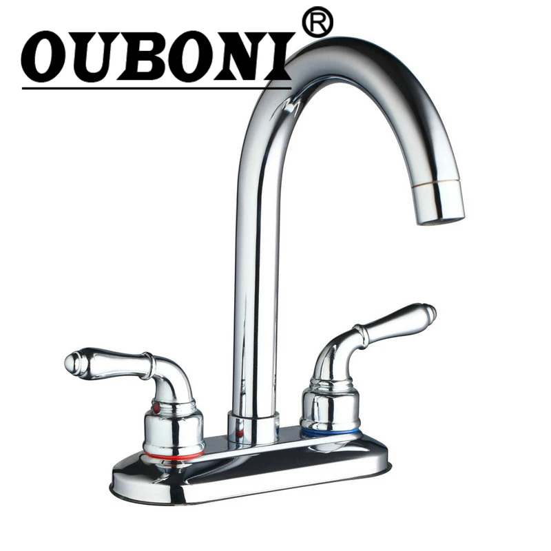 

OUBONI Rotated Kitchen Faucet Bathroom Faucets Double Handles Swivel Spout Faucet Chrome Finish Deck Mounted Water Mixer Tap