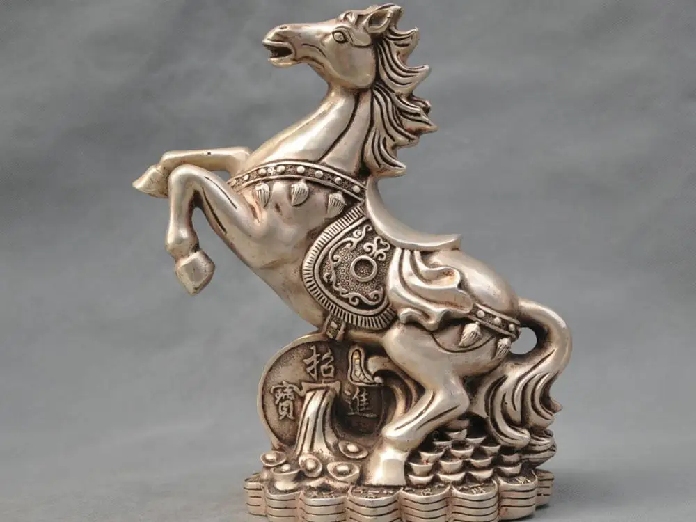 

12" China Silver Bronze Yuanbao Ingot Horse Lucky Wealth Bronze Statue