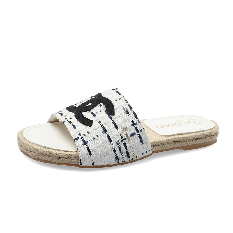 

Straw fisherman shoes woman shoes 2019 summer new black and white woolen twill thick bottom casual outdoor sandals and slippers
