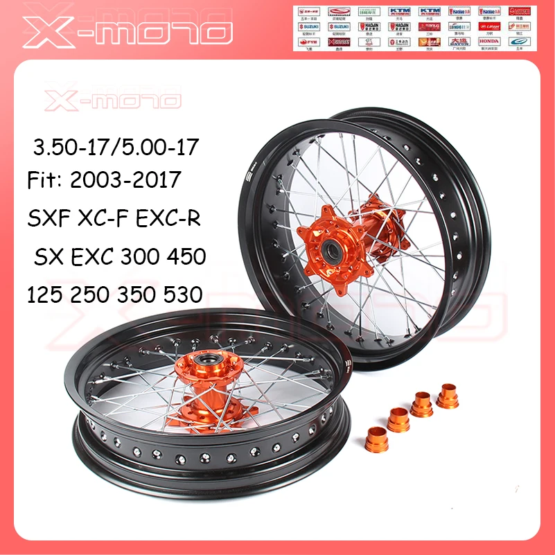 

3.5/5.0*17" Supermotard Wheels 2008 2007 Orange Hub Black Rim For KTM SXF EXC-R XC-F SX EXC 300 450 125 250 350 530 2003-2017