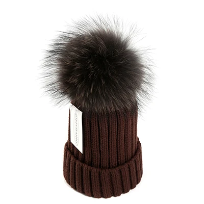 Коричневый Zjbechahmu Шапки зима натуральным лисьим мехом Pompoms15cm Skullies Hat Для мужчин Для женщин Сплошной шерсть, акрил Snapback Шапки шапки Аксессуары для одежды - Цвет: Коричневый