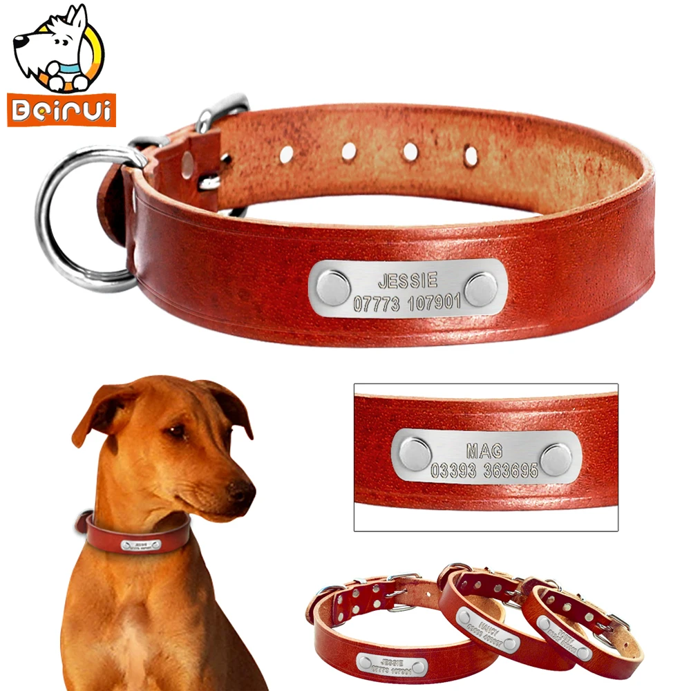 Customized Personalized Dog Collar Plain Genuine Leather Adjustable