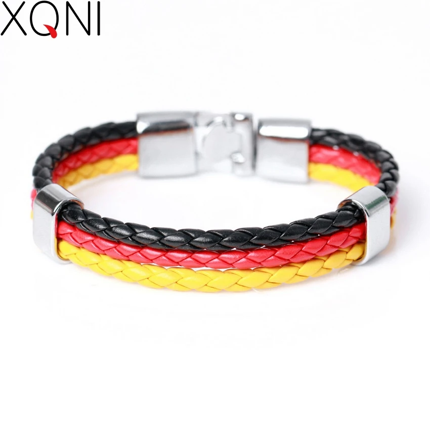 Fashion National Spain Flag ID Leather Bracelet Trendy Braided Surfer Bandage Charm Sporty Bracelets Men Women Bangles XQNI