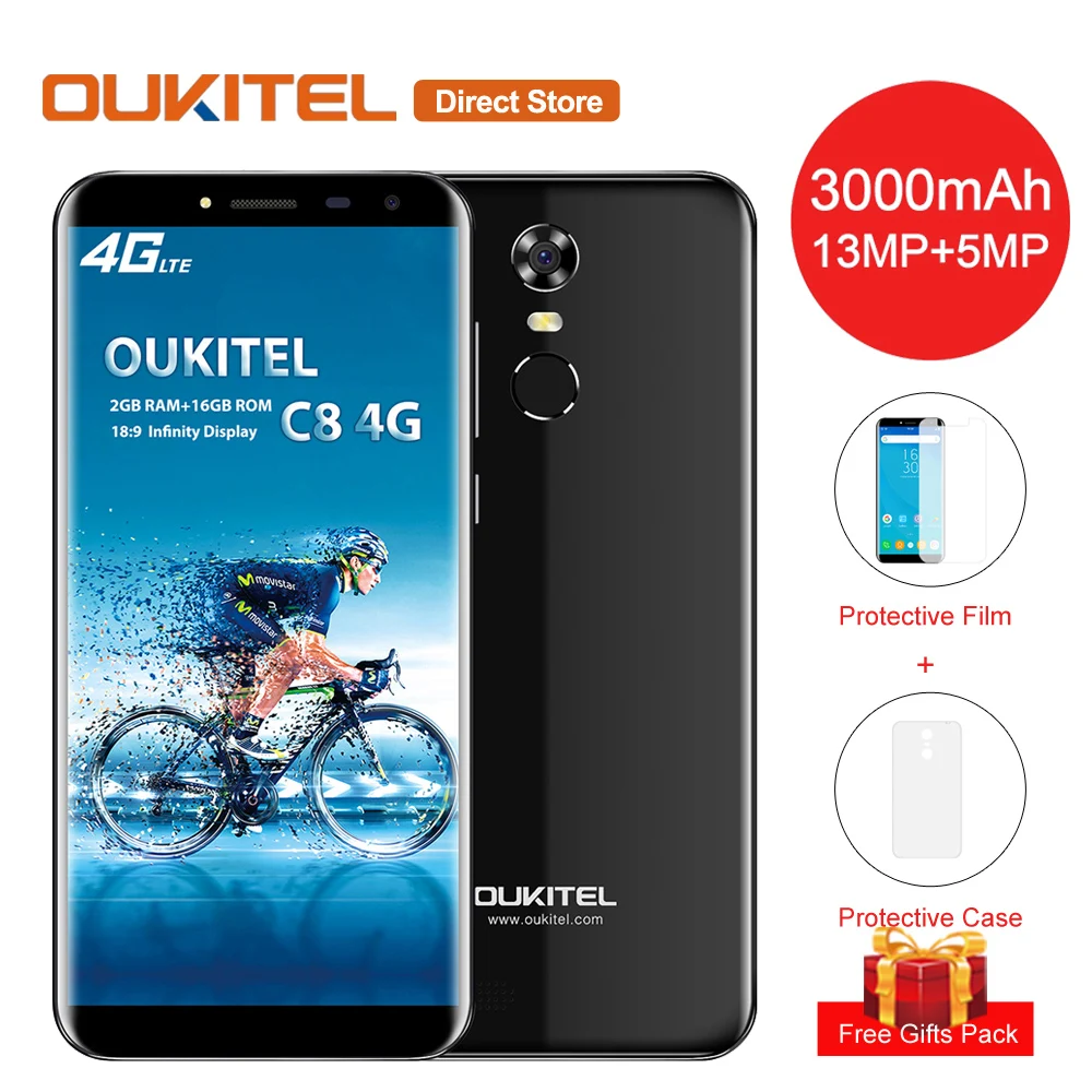 OUKITEL C8 4 г смартфон 18:9 5 дюймов HD Дисплей Android 7 0 MT6737 Quad Core 2 ГБ Оперативная память 16