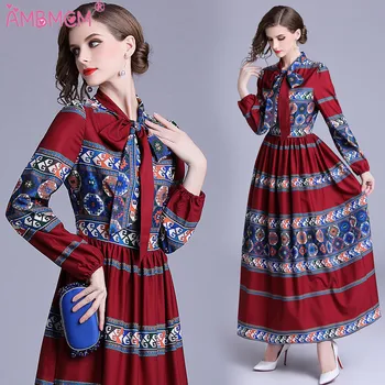 

AMBMCM New 2018 Fashion Runway Dress Bow Decoration Women's Beading Loose Belt Retro Art Floral Printed Long Dress