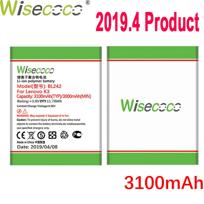 

WISECOCO 3100mAh BL242 Battery For Lenovo K3 K30-W K30-T A6000 A3860 A3580 A3900 A6010 A6010 Plus Mobile Phone+Tracking Number