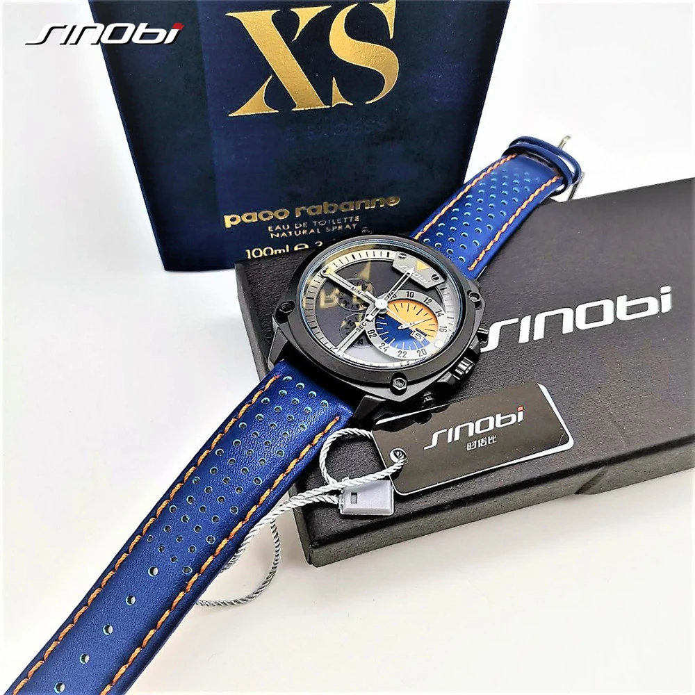 SINOBI رجل الساعات أعلى الفاخرة العلامة التجارية للماء الرياضة ساعة معصم كرونوغراف كوارتز العسكرية جلد طبيعي Relogio Masculino SINOBI رجل الساعات أعلى الفاخرة العلامة التجارية للماء الرياضة ساعة معصم كرونوغراف كوارتز العسكرية جلد طبيعي Relogio Masculino