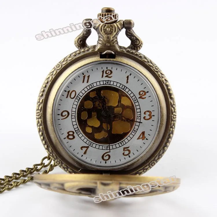 Retro Steampunk Bronze Spine Ribs Hollow Quartz Pocket Watch Necklace Pendant sweater chain Women Gift P105 11