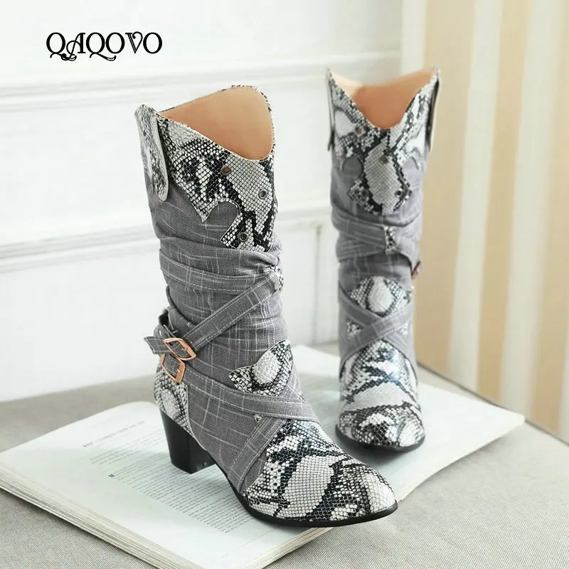 

Women Shoes Fashion Ankle Boots Faux Snake Skin Square High Heel Booties Slip On Autumn Winter Ladies Boots Gray Beige