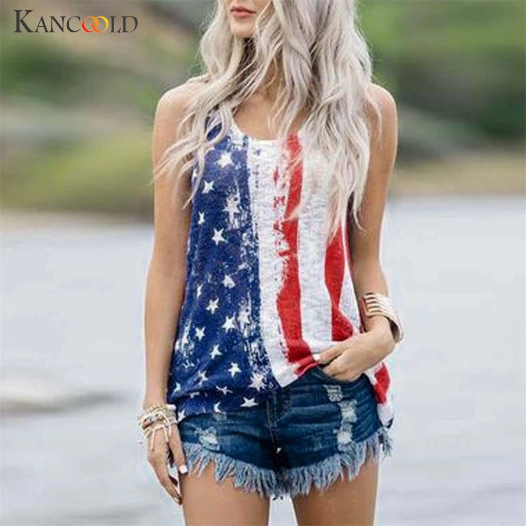 

KANCOOLD top T-shirt Womens Sleeveless Patriotic Stripes Star American Flag Print Top fashion t-shirts women t shirts 2019Apr11