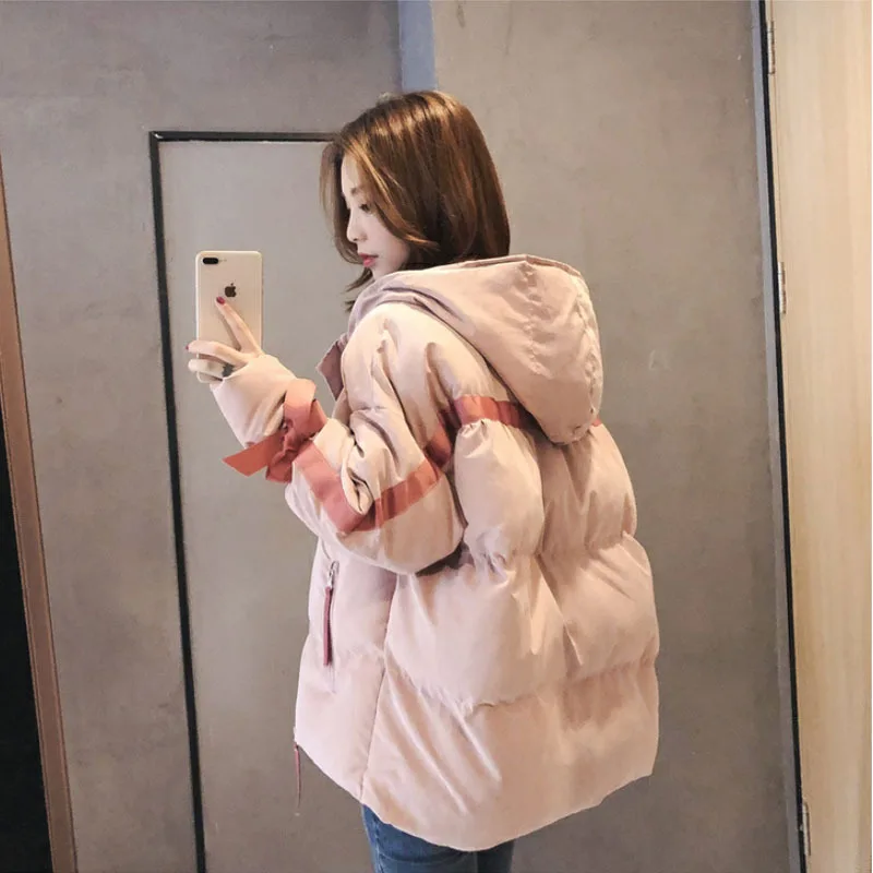 

Winter 2018 new Korean mini cotton-padded jacket padded jacket with pink hat and down feather down coats filled garment 90161
