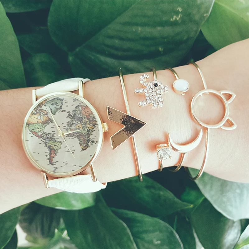 

Female Bracelet Bohemian Elephant Hollow Cat Head Moon V Letter Bangle Gold Bracelet Set Lady Cute Clothing Accessories