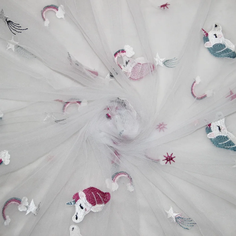 

YWCOOL 5meters/lot The Unicorn Embroidered Mesh Tulle Fabric Nylon Soft Tulle Fabric Decoration DIY For Tutu Dress Cloth Holiday