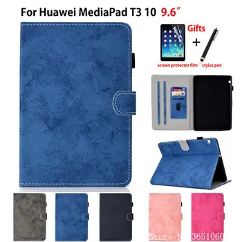 

Case For Huawei MediaPad T3 10 AGS-L09 AGS-W09 AGS-L03 9.6" Smart Cover Funda Tablet Silicone PU Leather Stand Shell +Film+Pen