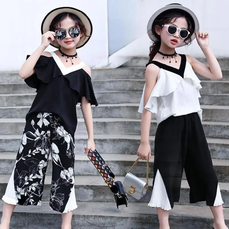 

Girls White Off Shoulder Blouses Shirts + Wide Leg Pants Suit Children Summer Girls Outfits Teen Girls Clothing Set Kids Clothes
