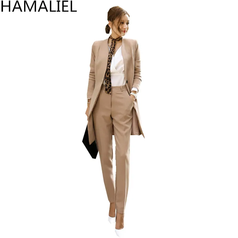 HAMALIEL, деловой осенний Женский комплект из 2 предметов,, формальный длинный рукав, v-образный вырез, пиджак+ OL карандаш, полная длина, брючный костюм с поясом