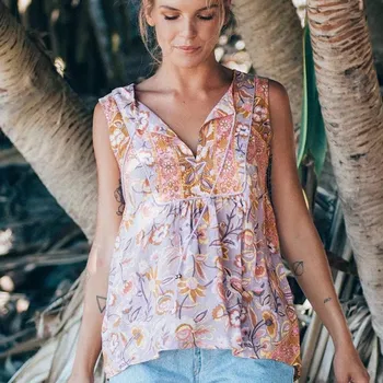 

Boho Chic Gypsy Floral Print Blouses Femme Sleeveless Beach Seaside Tops V Neck Tassel Shirts Casual Blusas Summer Women