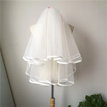 

2019 Bridal Wedding Veils Vintage 2 layers Ribbon edge Veils for brides Tulle White Ivory Voile de Mariage velo de novia Courte