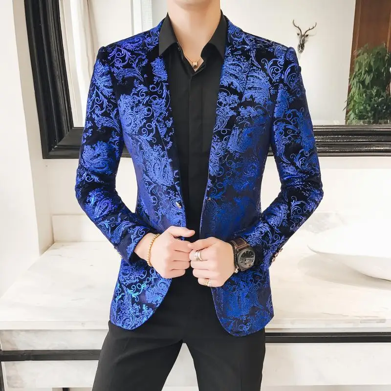 Синий мужской бархатный костюм Роскошные Пейсли Цветочный узор маскарадный пиджак для мужчин 2019 плюс размеры костюм куртка