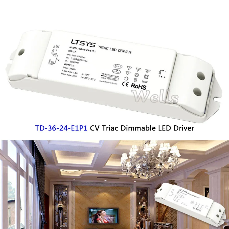 

TD-36-24-E1P1; 100-240V input,Output 36W 24VDC 1.5A constant voltage Triac Dimmable intelligent LED Driver Triac Push Dim