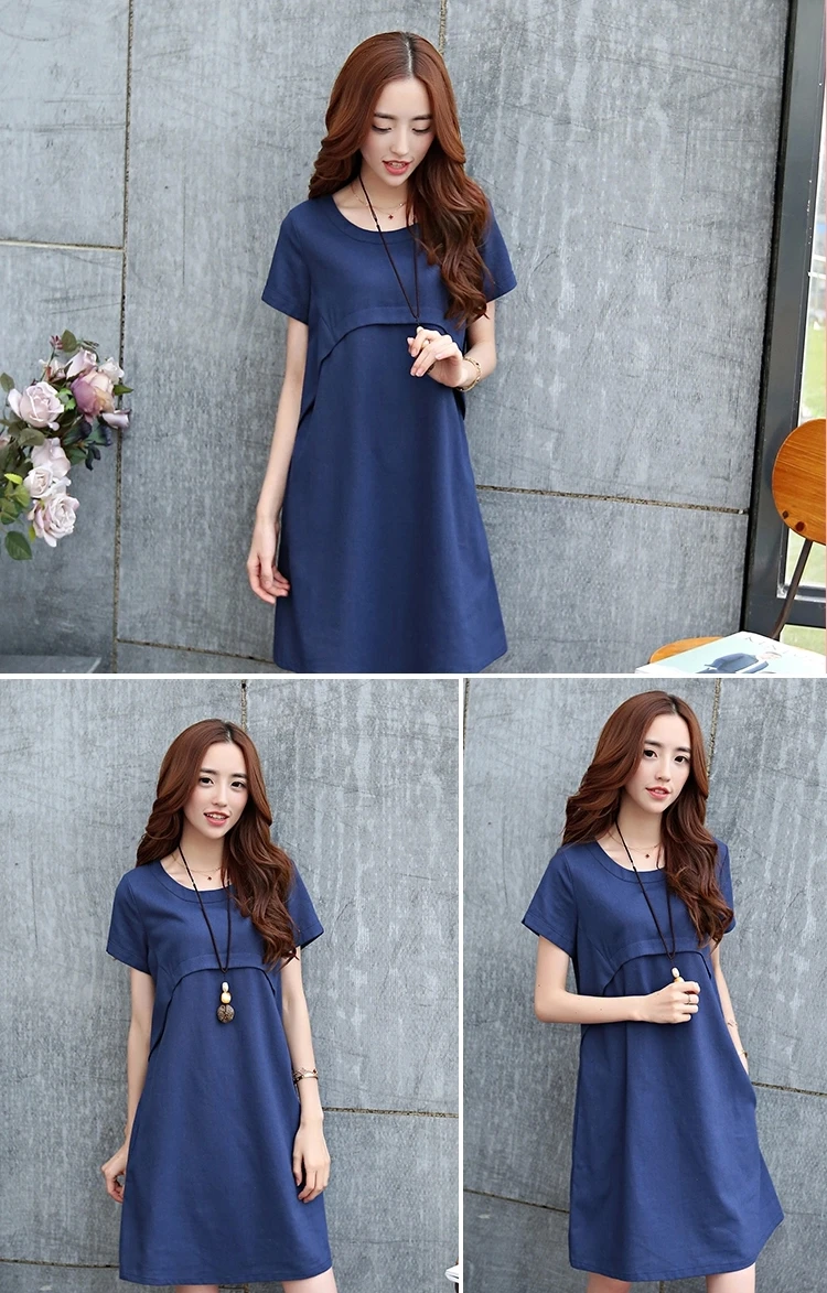 Модные хлопковые льняные платья для беременных новое летнее однотонное платье для беременных Корейская одежда для кормящих беременных женщин QL3098