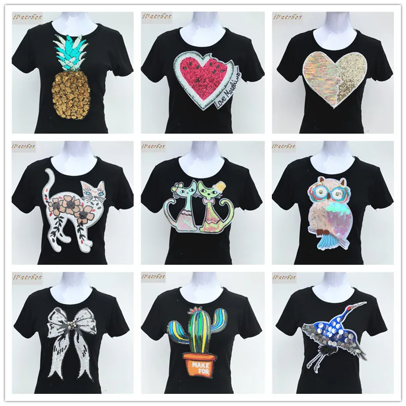 

1pc Cat Cactus Pineapple Sequined Patch For Clothes Iron-on Embroidered Patch Diy Motif Applique Stickers Garment Accessories