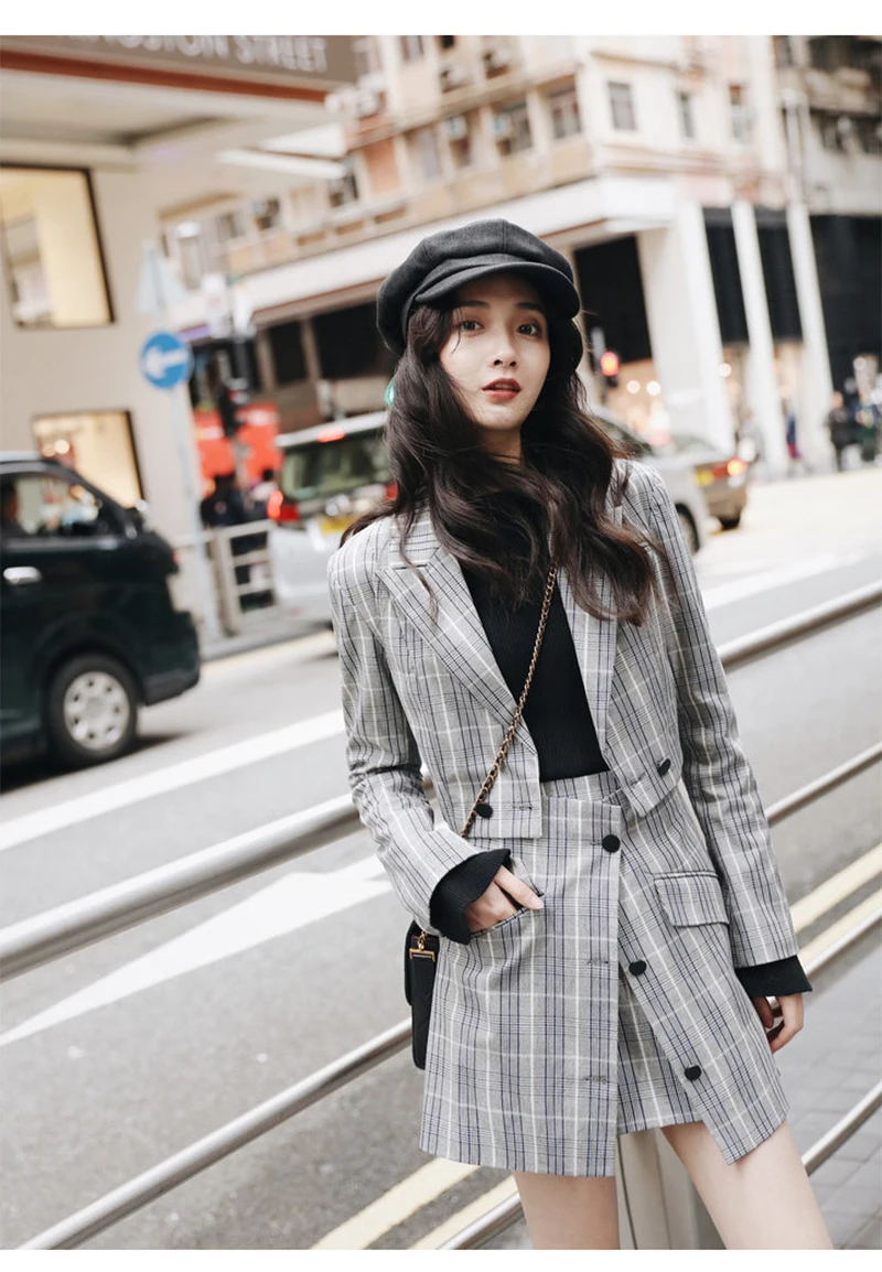 New 2018 Autumn Women Suit Female Korean Fashion Long-Sleeved Plaid Suit Jacket Female Two-Piece Stitching Ladies Skirt D8A225 (1)