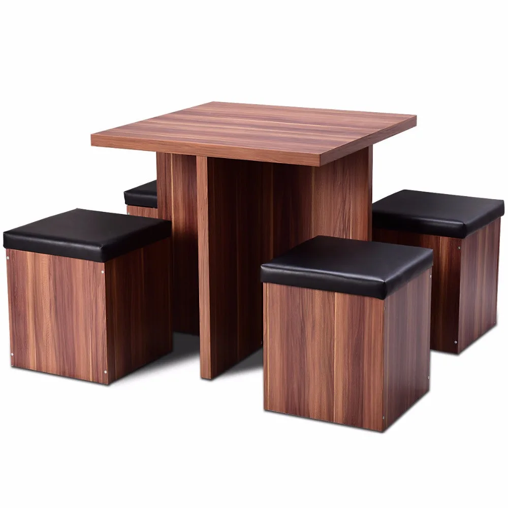 Giantex 5 Pieces Wood Dining Table and 4 Stools Set Modern Kitchen Dinette Table Set Dining Room Storage Ottoman Stool HW54823NA