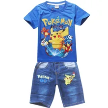 Новинка года, комплекты одежды для мальчиков футболка с короткими рукавами и принтом «Pokemon Go»+ джинсы, летний комплект для мальчиков с рисунком, Pikaqiu, детский костюм для досуга От 3 до 10 лет