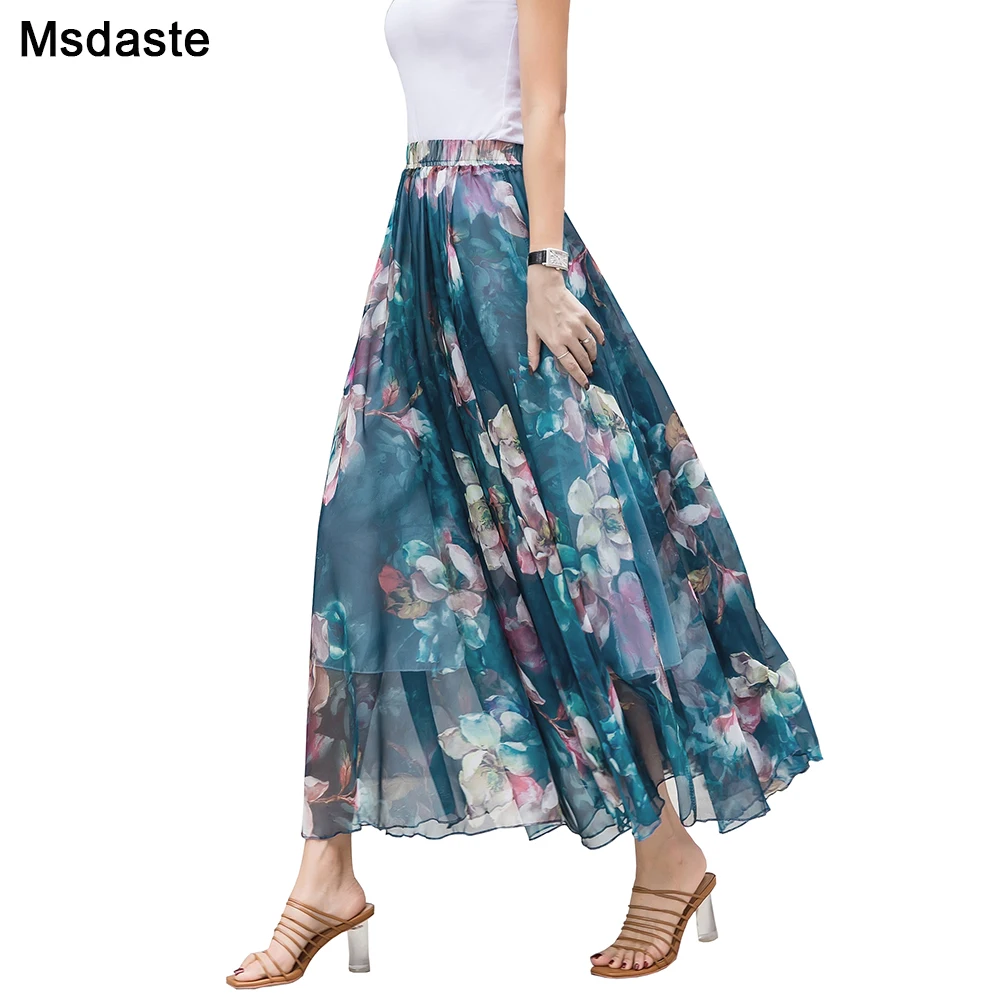 

Women Skirts 2019 Summer Mesh Flower Print Elastic Waist Bohemian A-Line Sweet Chiffon Long Female Bottoms Ladies Casual Skirt