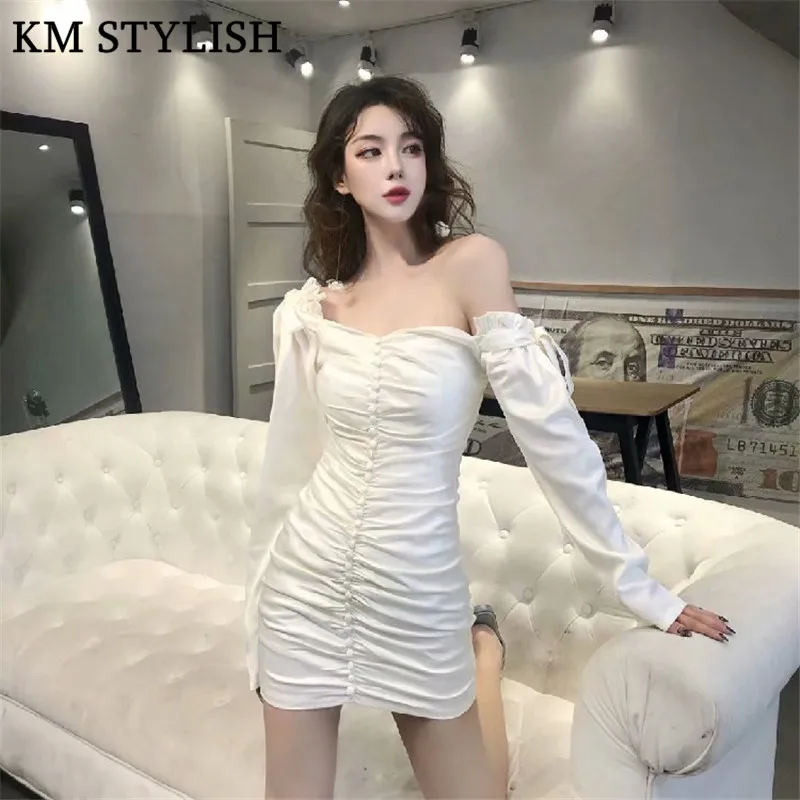 

Spring Autumn New Women's Satin Dress Slim Temperament Retro Court Personality Strapless Off Shoulder Mini Dress Khaki and White