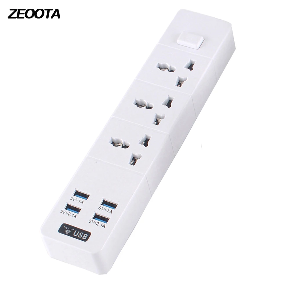 

Power Strip 10A/2500W 1/2/3 AC Socket EU/UK/US Plug 4 USB Travel Adaptor with Switch and 2m Extension Cord PC Explosion-Proof