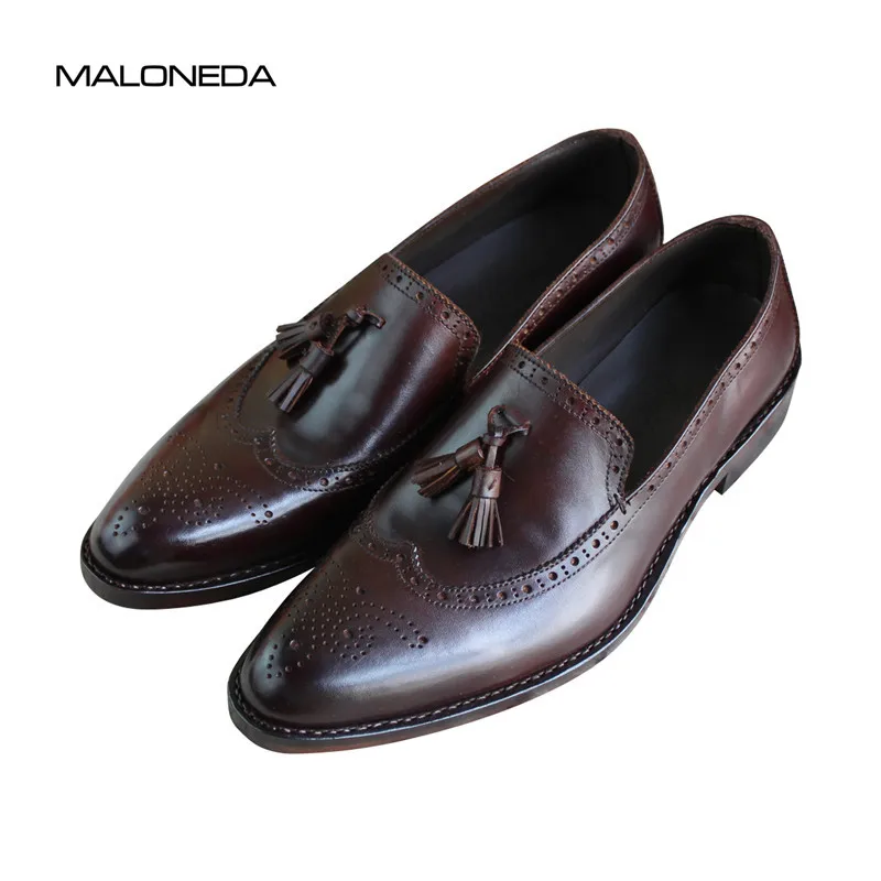

MALONEDA Custom Made Big Size Casual Men's Goodyear Loafers Shoes Genuine Leather Tassels Slip on Brogue Shoes