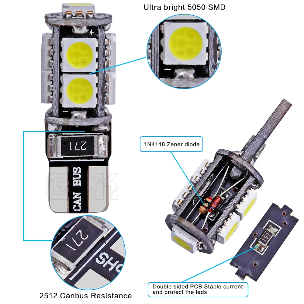 Автомобильные светодиодные лампы Canbus w5w T10 9led W5W 194 t10 9SMD 5050 50 шт./лот 2 DIN бесплатная
