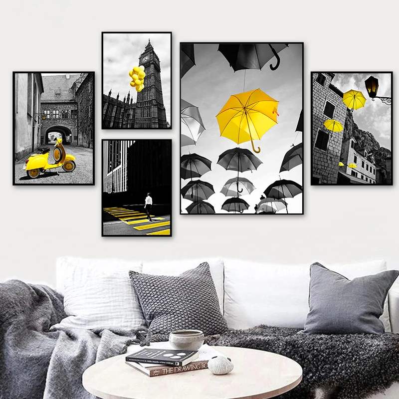 

Modern Minimalist City Road Canvas Painting Poster Yellow Umbrella Canvas Print Home Decoration Pictures For Living Room CH077