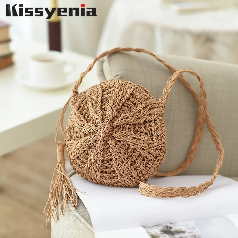 

Kissyenia INS Hot Handmade Bohemian Bali Beach Bags Women Summer Wicker Weaving Bags Circular Rattan Straw Knitted Bags KS1324