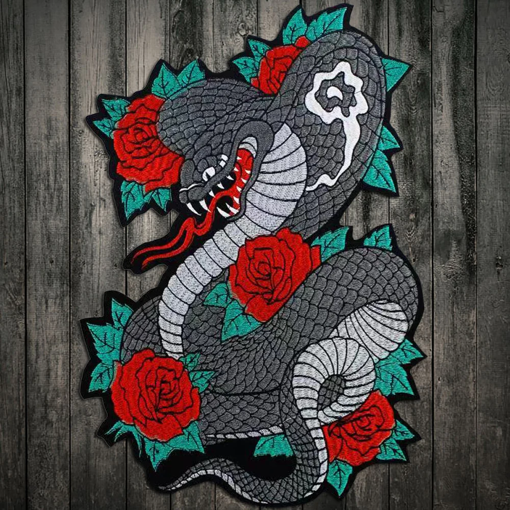 

snake flower biker patch for Jacket backing, punk motorcycle embroidery skeleton biker badge, snake patch Garment Accessory