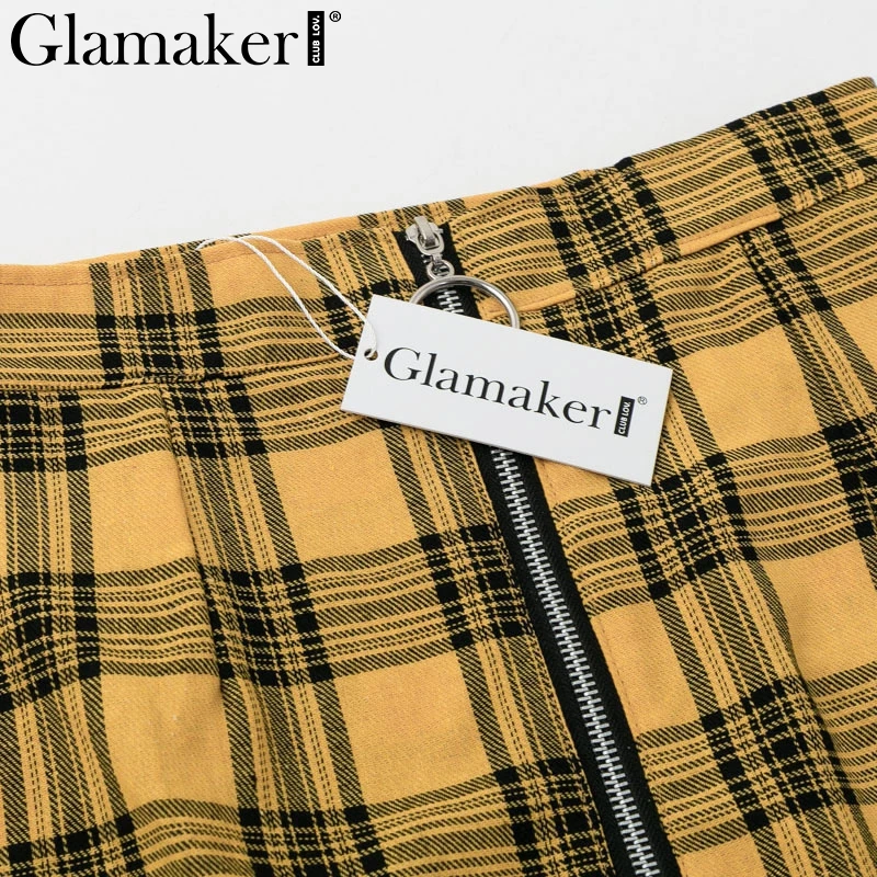 Glamaker, желтая клетчатая трапециевидная юбка с высокой талией, Весенняя уличная одежда, Облегающие юбки на молнии, женская повседневная короткая мини-юбка, новинка