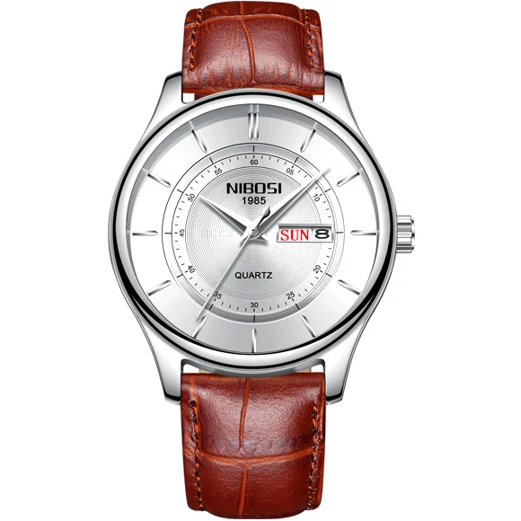 Nibosi, роскошные брендовые часы, мужские спортивные часы, водонепроницаемые, с датой, кварцевые, мужские военные наручные часы, мужские часы, Relogio Masculino - Цвет: Silver White Leather