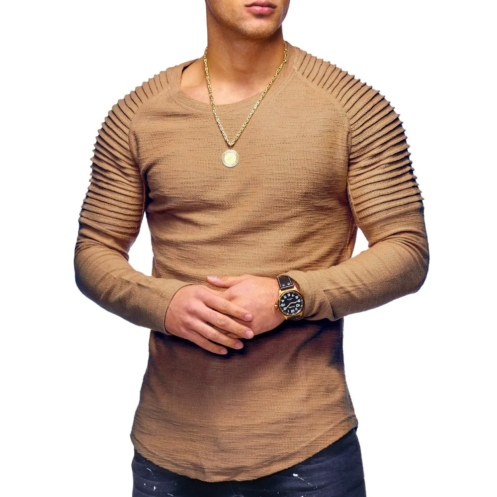 Мужская футболка для бодибилдинга, Повседневная футболка с длинным рукавом для фитнеса, брендовая одежда, однотонная плиссированная Мужская футболка с круглым вырезом