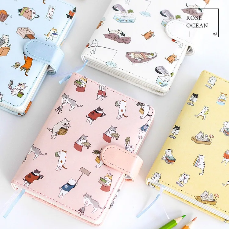 

1Pcs Leather Hardcover Notebook Cute Cartoon Cat Mini Handbook Snap Fastener Type Retro Thickening Notebook 035