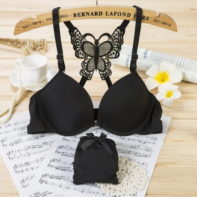 Sexy Decorative Butterfly Back Lace Bra Set Seamless Thin Cotton Cup