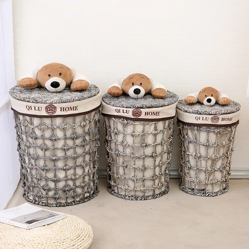 Cartoon bear dirty clothes storage baskets with lid for kids eco-friendly laundry straw weave basket toy storage box with lining