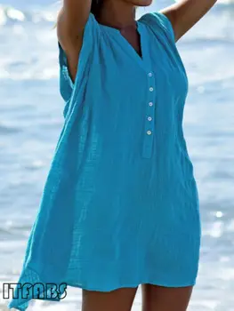 

Women Sleeveless Summer Boho Solid Beach Dress Casual Loose Mini Linen Dress Women Clothing