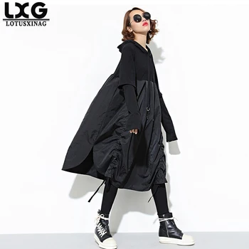 

MaternityNew Spring Hooded Long Sleeve Drawstring Black Fold Split Joint Loose Long Dress Women Fashion Tide
