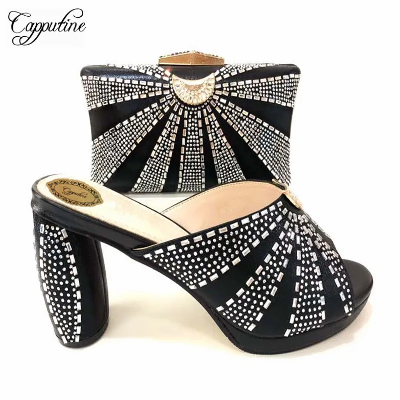 

2019 New Fashion Woman PU With Stone Shoes And Bag Set Italian Design High Heels Shoes And Bag Set For Party 6Colors TX-526