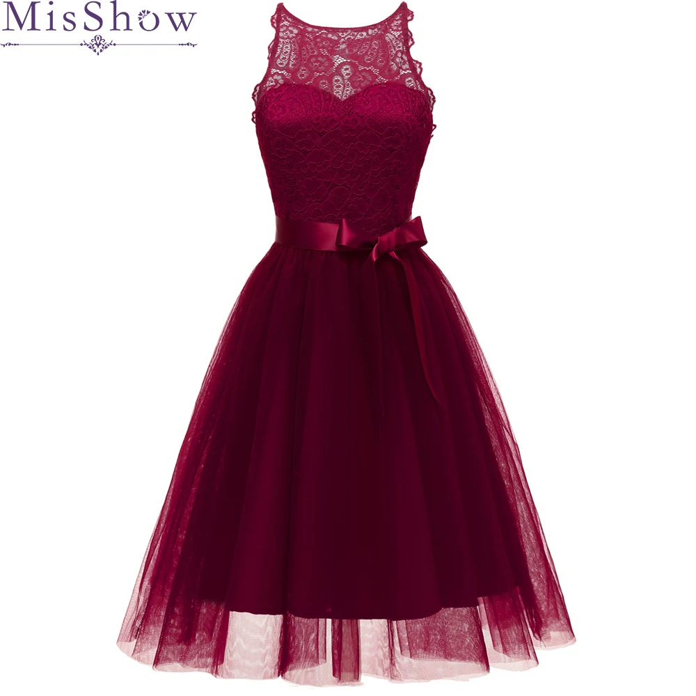 

Burgundy Bow Lace A-Line Cocktail Dresses 2019 Elegant Lllusion Summer Women Vestidos O-Neck Sexy Women Cocktail Dresses