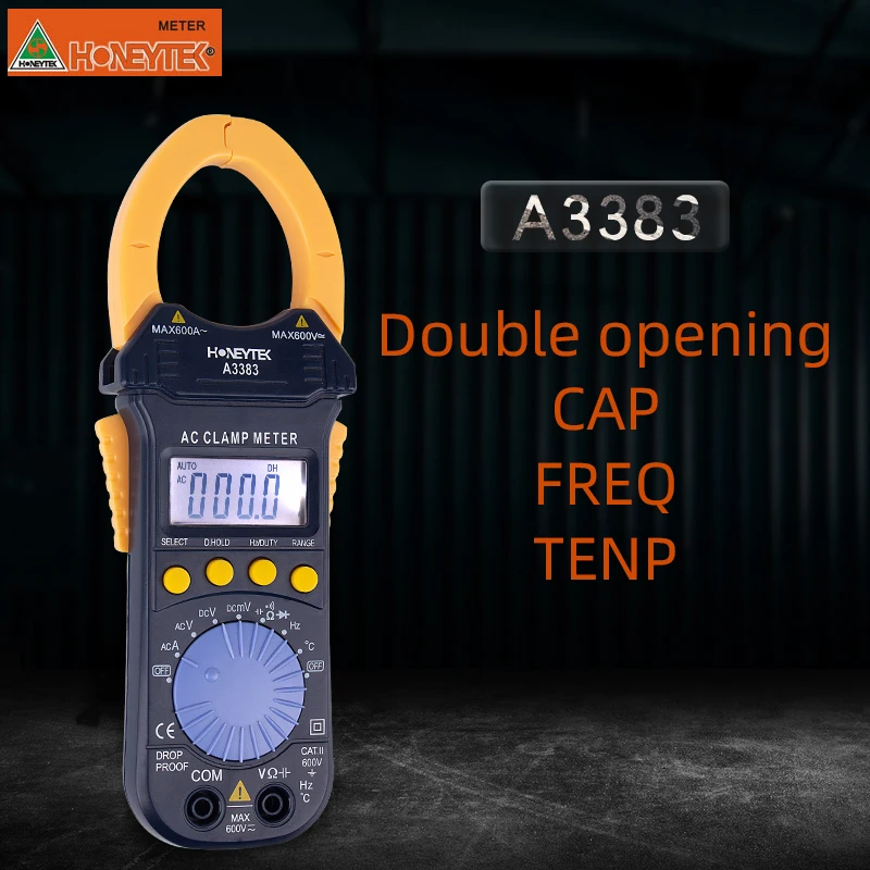 

HONEYTEK Digital Clamp Multimeter Double opening meter Tester can test Ohm CAP FREQ TEMP AC/DC A3383
