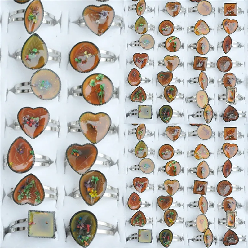 Wholesale 5pcs Chang Color Mood Rings for Women Dried Flower Adjustable Mix Lot Heart Square Shape Ring Jewelry