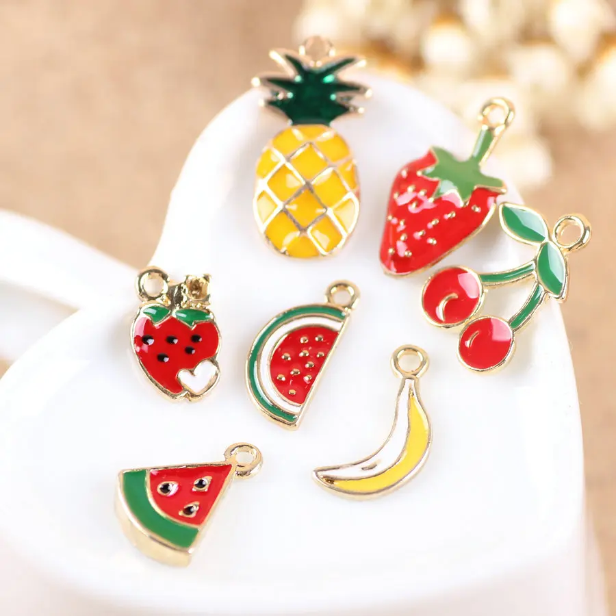

New Mini Order 20PCS 12-24MM Mixed Fruit Watermelon Strawberry Banana Cherry Pineapple Gold Tone Plated Jewelry bracelet Charms